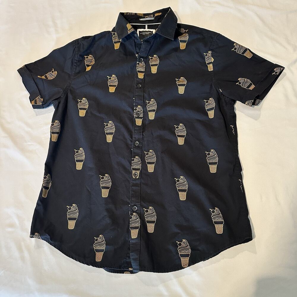 Denim & Flower Black Ice Cream Print Button Down Shirt Medium